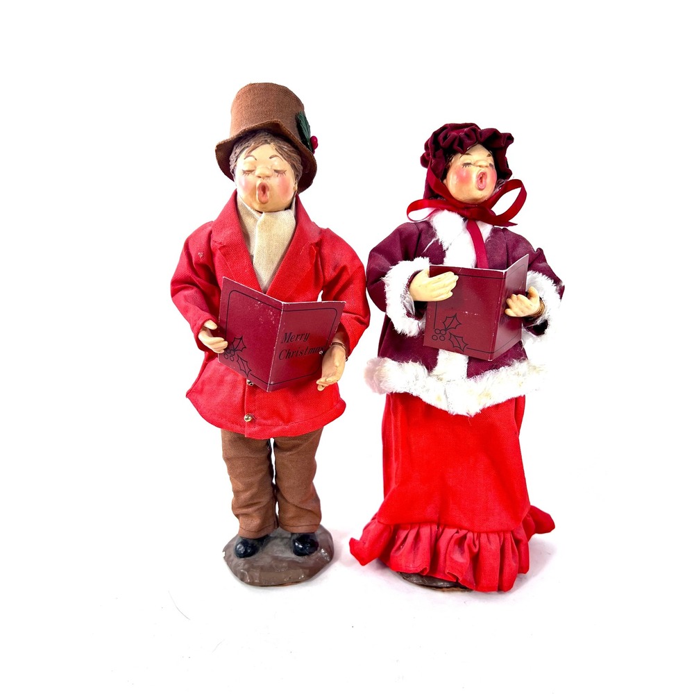 Vintage Christmas Carolers Figurines Victorian Style Red Burgundy Set of 2